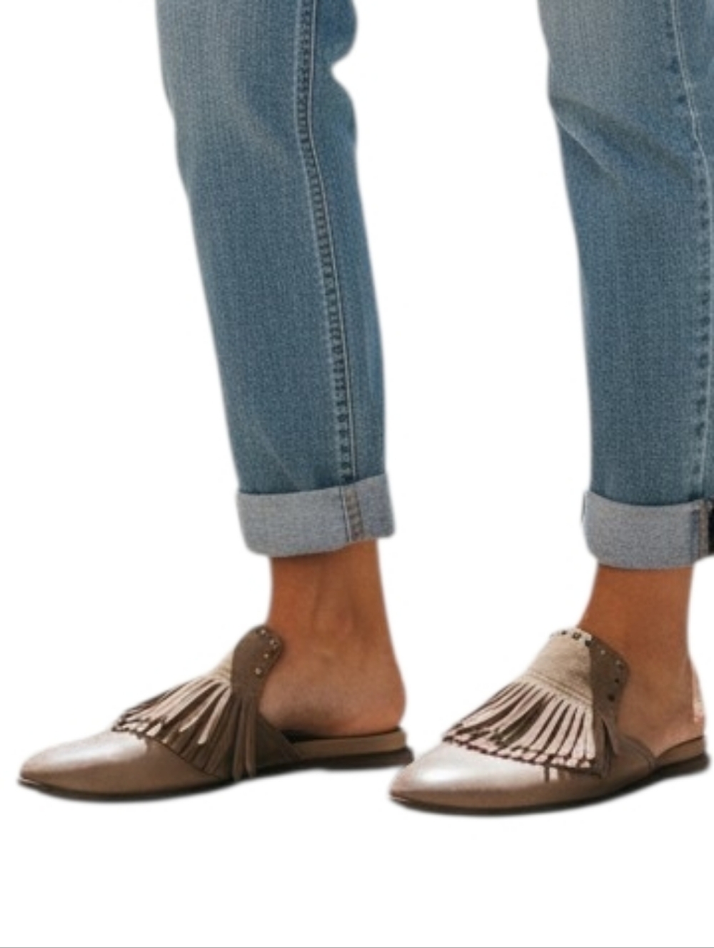 OTBT Gleam Leather Fringe Mules In Taupe Size 7.5M